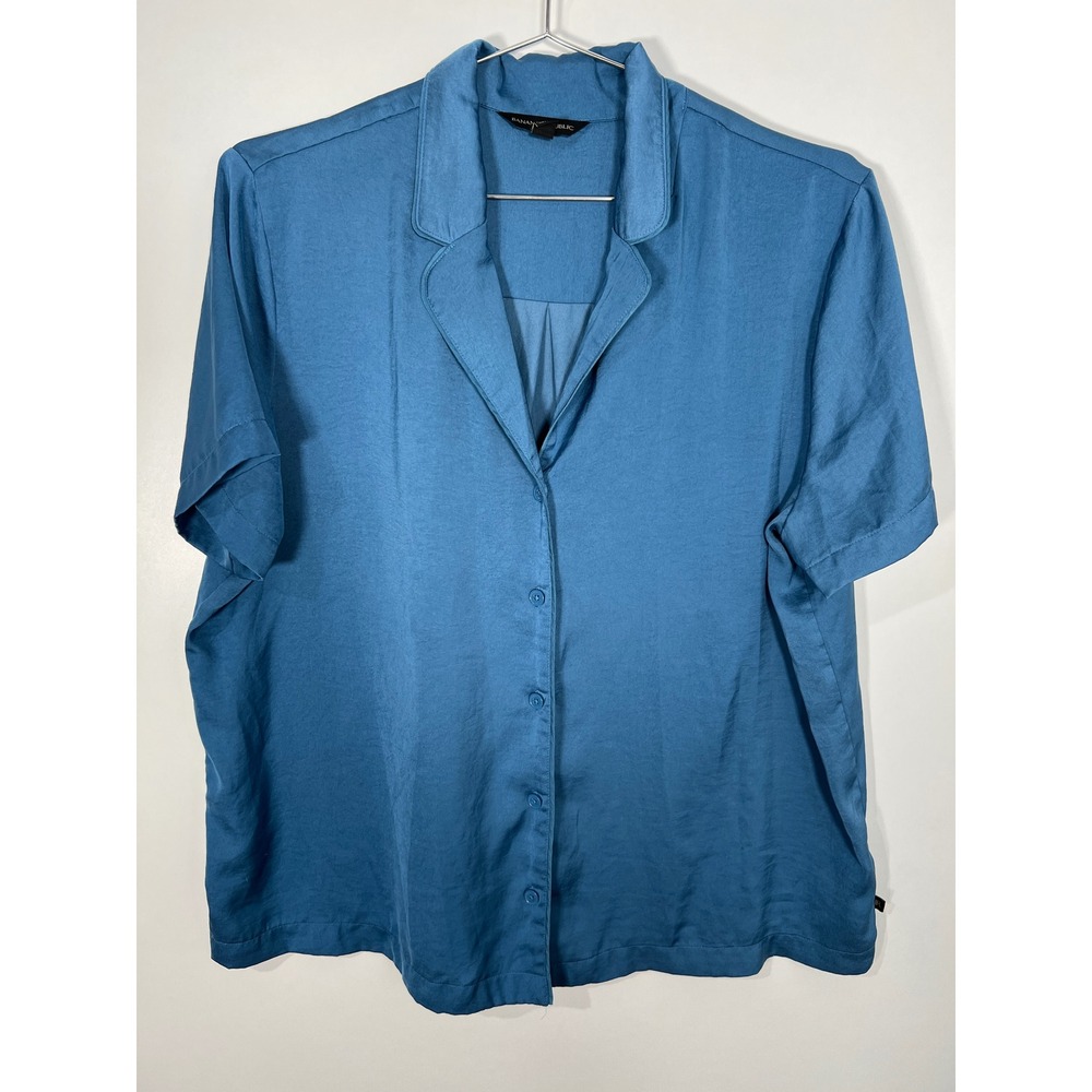 Banana Republic Blue Solid Short Sleeve Satin Button Up Boxy Tee Blouse XL